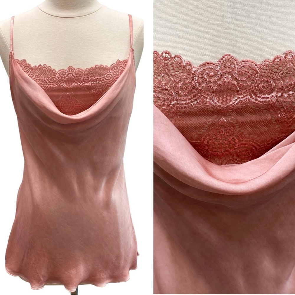 Satin Cowl Neck Spaghetti Strap Blouse With Lace Underlay